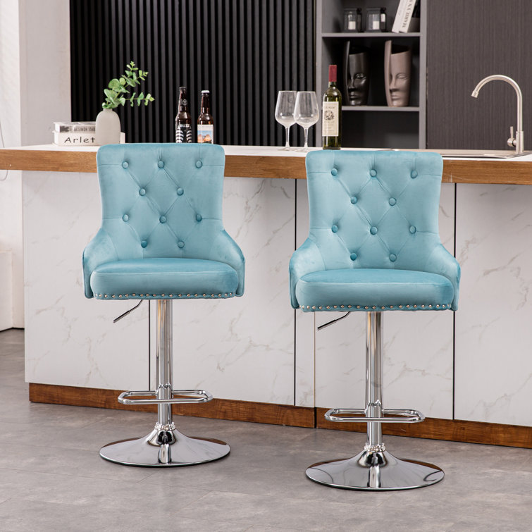 Set 2 Velvet Bar Stool Chairs, Studded Barstool With Backrest Breakfast,  Adjustable 363 Degree Swivel Gas Lift, Chrome Footrest And Base For  Counter,